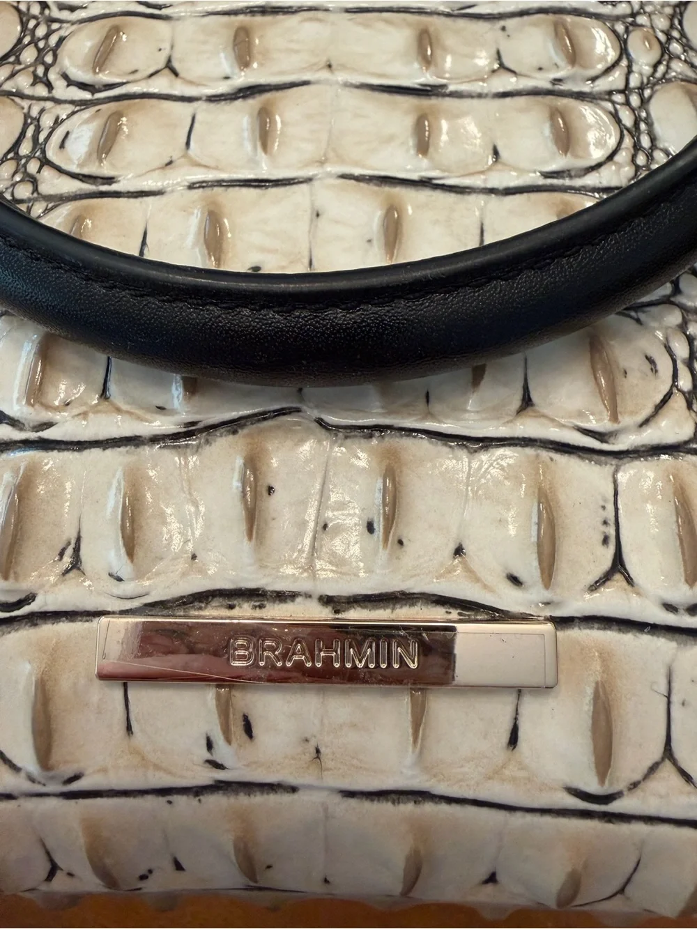Brahmin Croc Satchel Tote Bag with Tassel - Black and Cream
